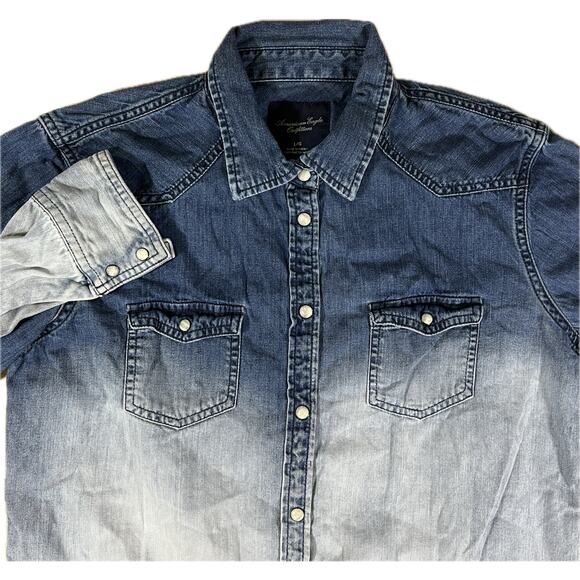 American Eagle Ombre Blue Denim Shirt Western Pearl Snap Faded Mens Large - Picture 1 of 9
